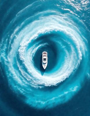 The primary subject of the image is a boat, which is the main object in the scene. The boat is surrounded by a blue ocean, creating a serene and calming atmosphere. The visual style of the image is a photo, capturing the boat in its natural environment. The colors in the image are predominantly blue, which adds to the overall mood of the scene.
